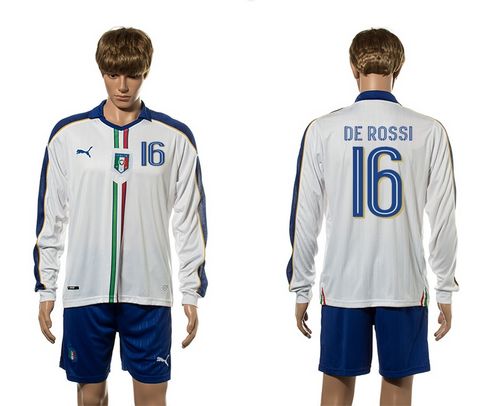 Italy #16 De Rossi White Away Long Sleeves Soccer Country Jersey - Click Image to Close